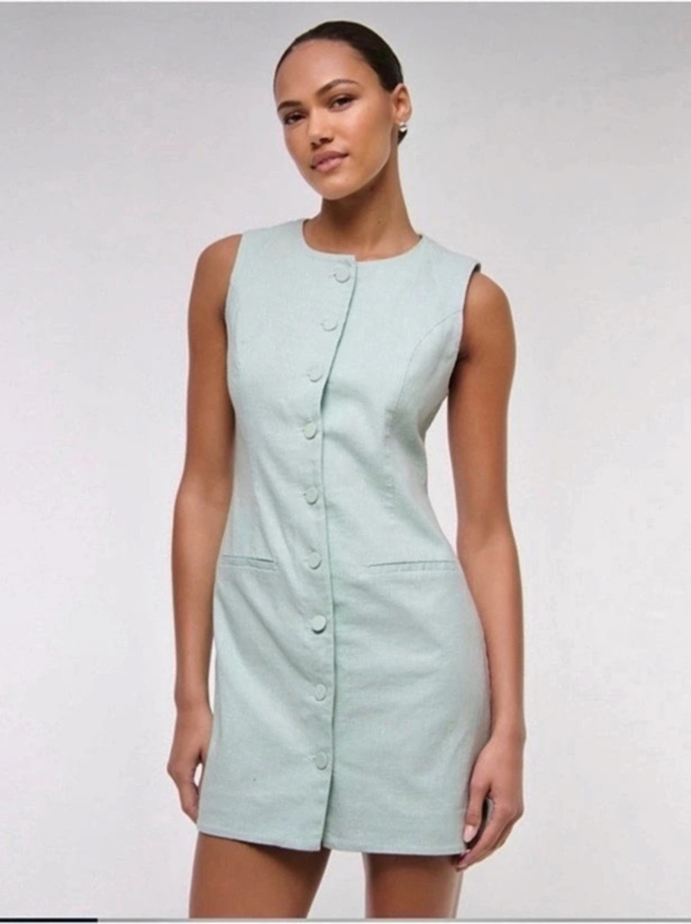 Abercrombie & Fitch Linen-Blend V-Neck Button Mini Dress Green LT